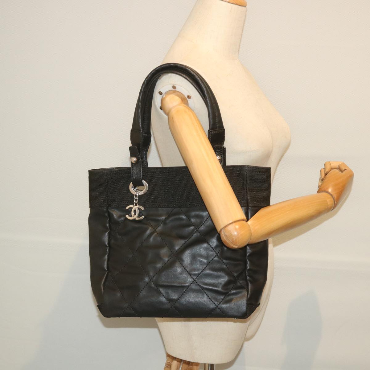 CHANEL Paris Biarritz Tote PM Tote Bag Coated Canvas Black CC Auth ar10719