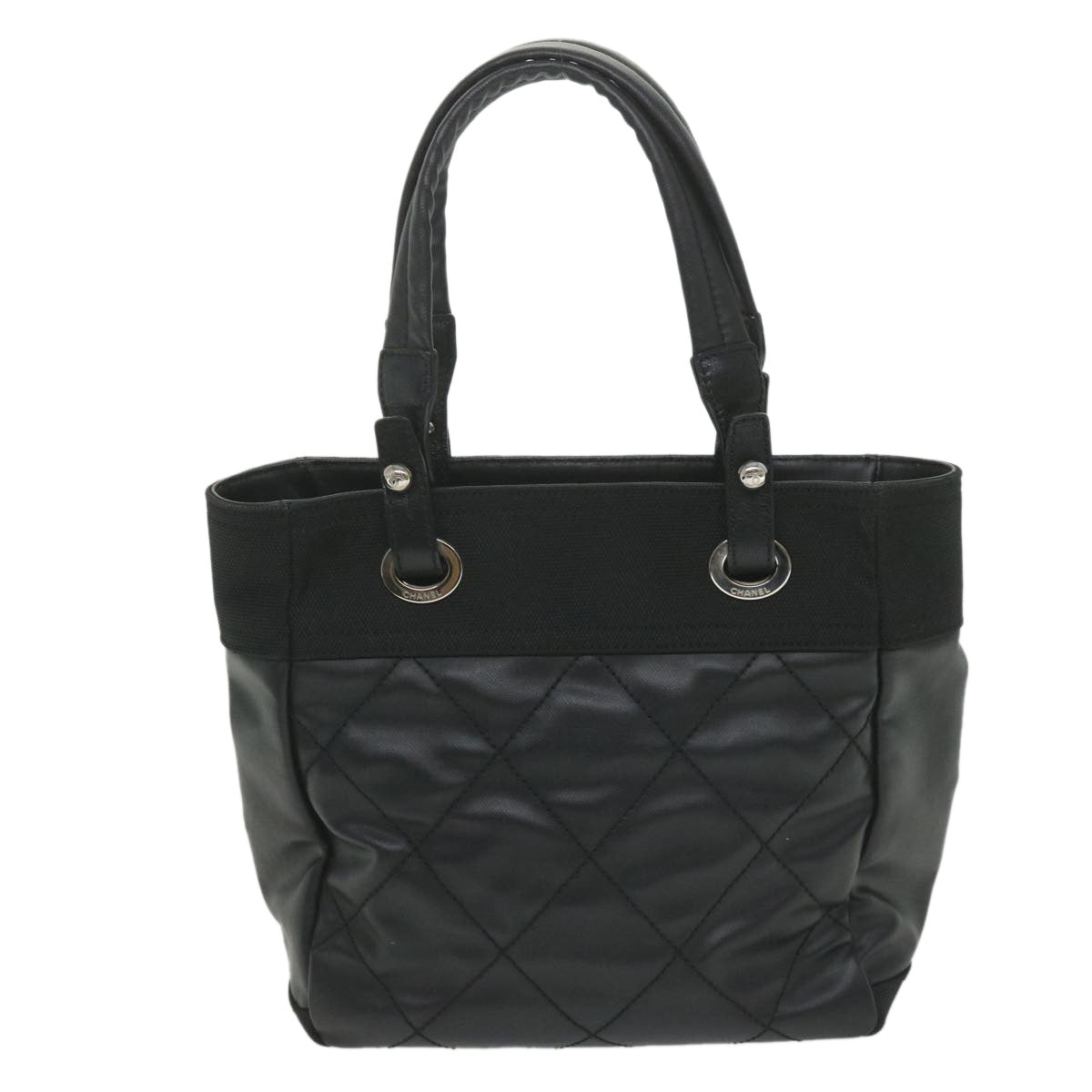 CHANEL Paris Biarritz Tote PM Tote Bag Coated Canvas Black CC Auth ar10719