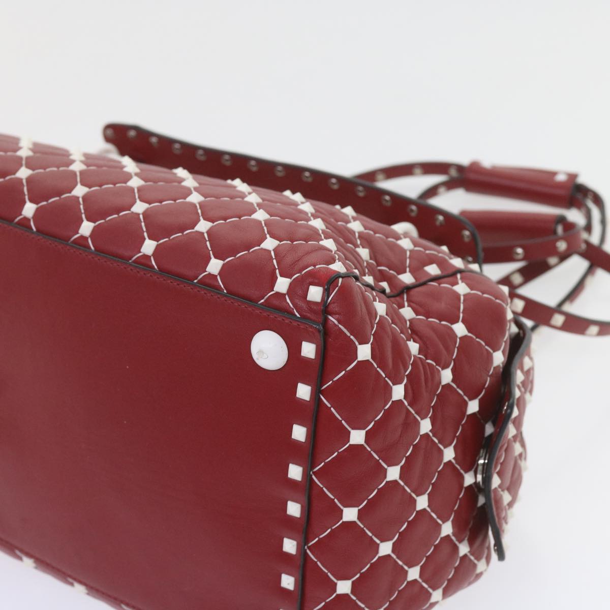 VALENTINO Rock studs Shoulder Bag Lamb Skin Red White Auth ar10772