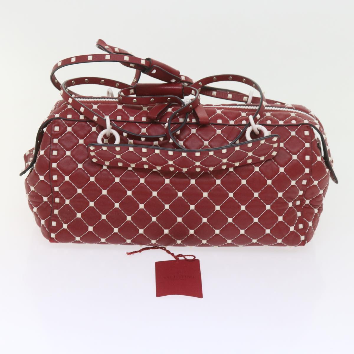 VALENTINO Rock studs Shoulder Bag Lamb Skin Red White Auth ar10772