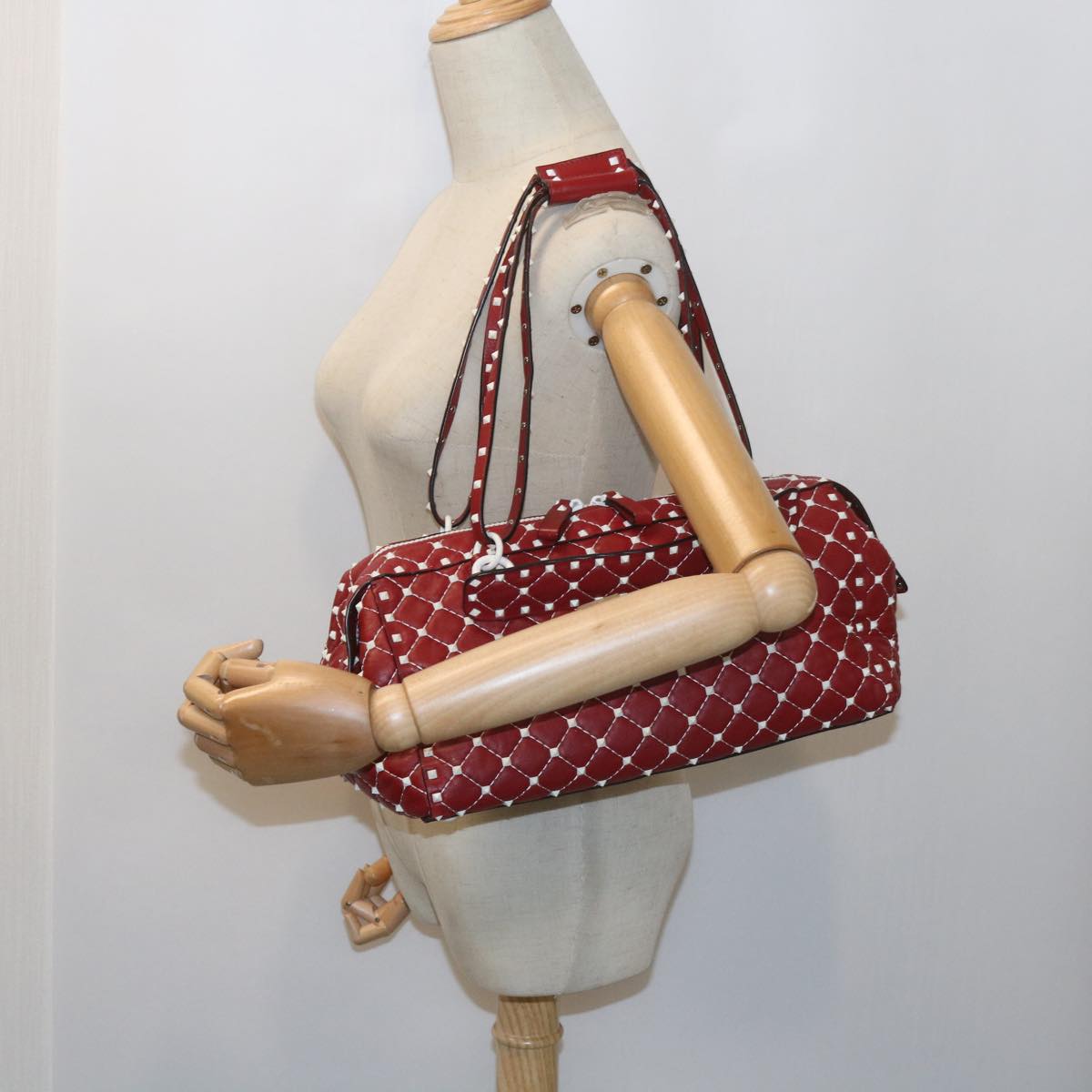 VALENTINO Rock studs Shoulder Bag Lamb Skin Red White Auth ar10772