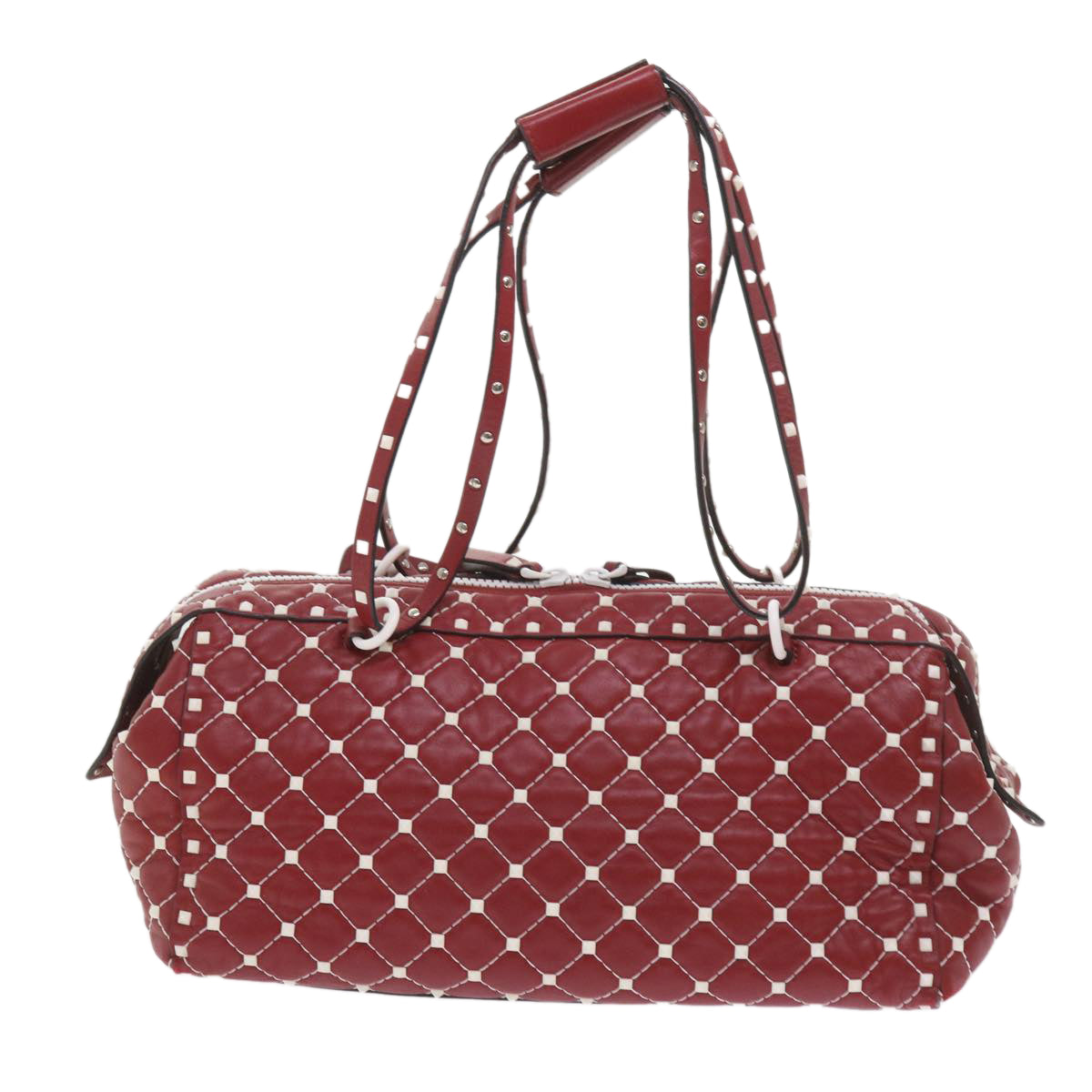 VALENTINO Rock studs Shoulder Bag Lamb Skin Red White Auth ar10772