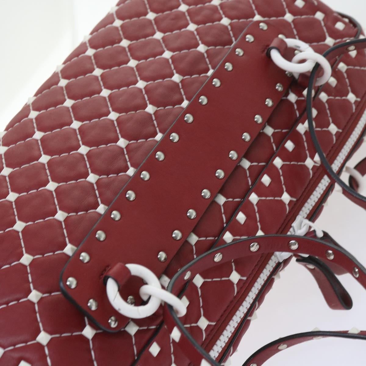 VALENTINO Rock studs Shoulder Bag Lamb Skin Red White Auth ar10772