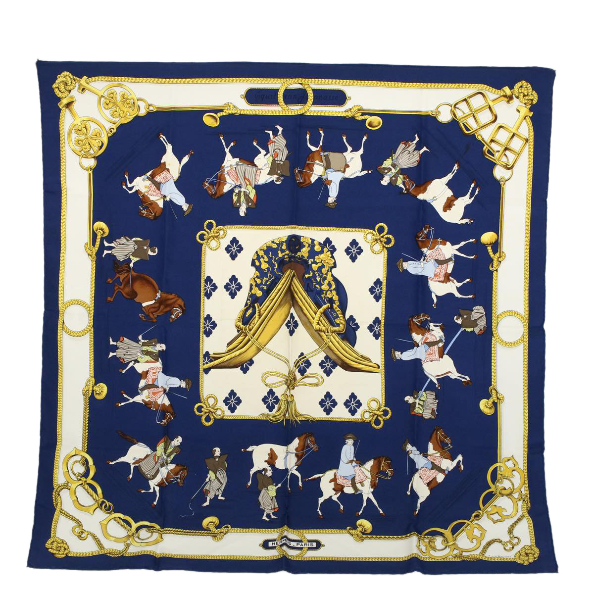 HERMES Carre 90 equitation japonaise Scarf Silk Navy Auth ar10773