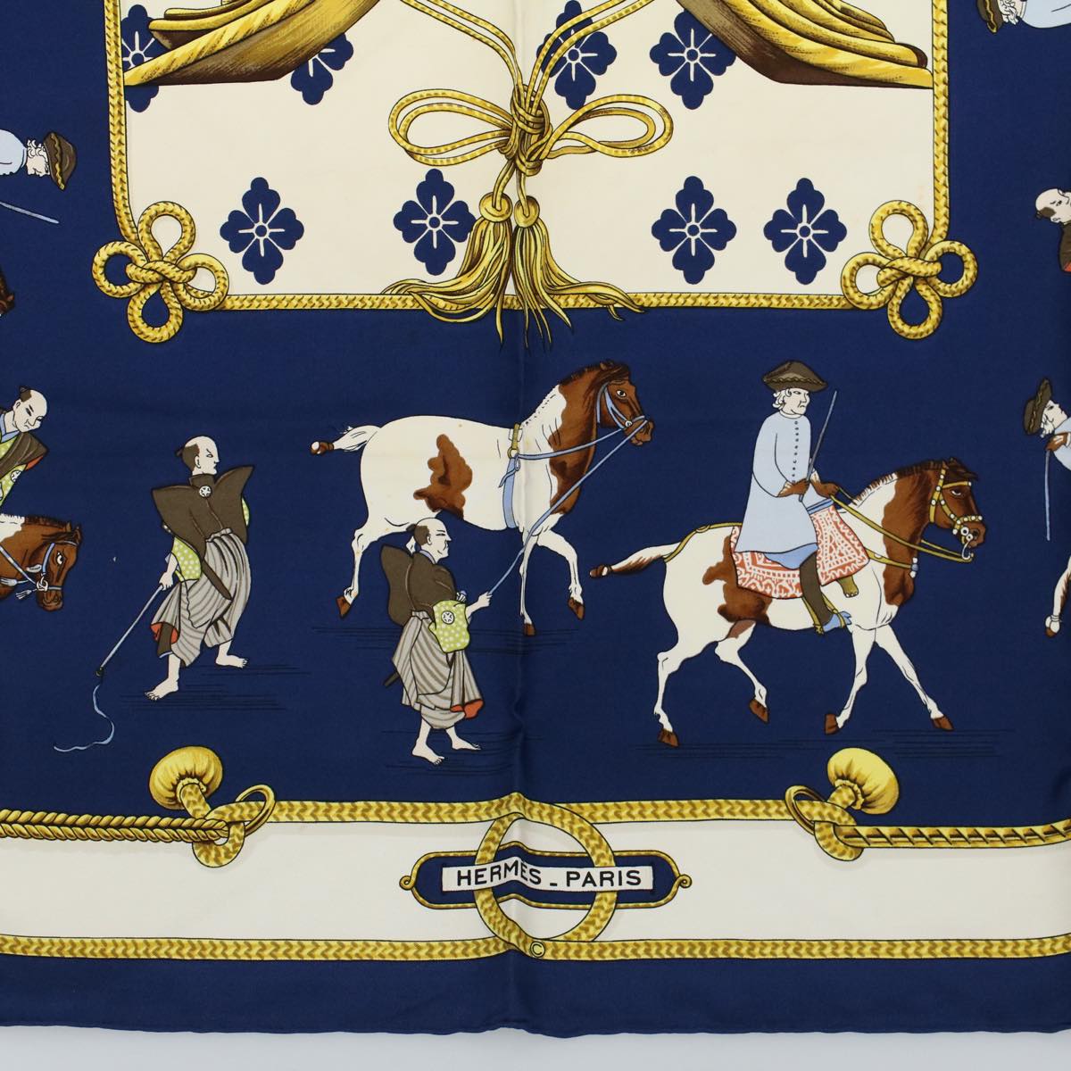 HERMES Carre 90 equitation japonaise Scarf Silk Navy Auth ar10773