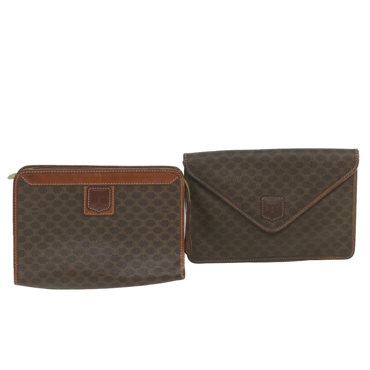 CELINE Macadam Canvas Clutch Bag PVC Leather 2Set Brown Auth ar10789