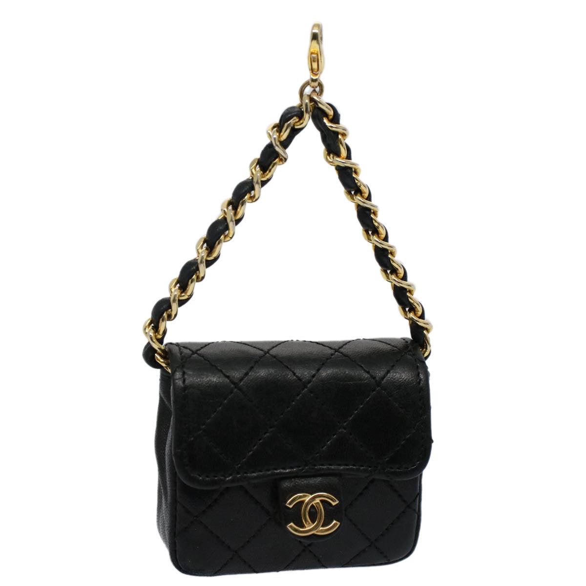 CHANEL Mini Mini Matelasse Chain Charm Lamb Skin Black CC Auth ar10850B