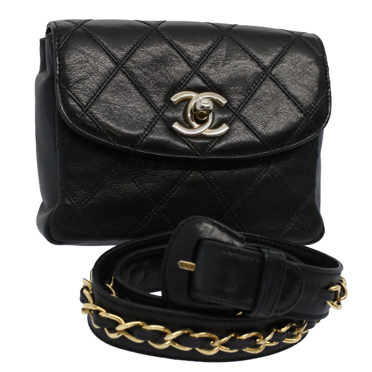 CHANEL Bicolole Chain Waist bag Lamb Skin Black CC Auth ar10853B