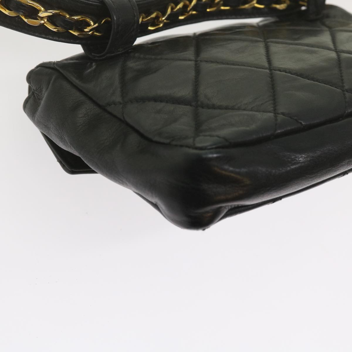 CHANEL Matelasse Turn Lock Chain Waist bag Lamb Skin Black CC Auth ar11054