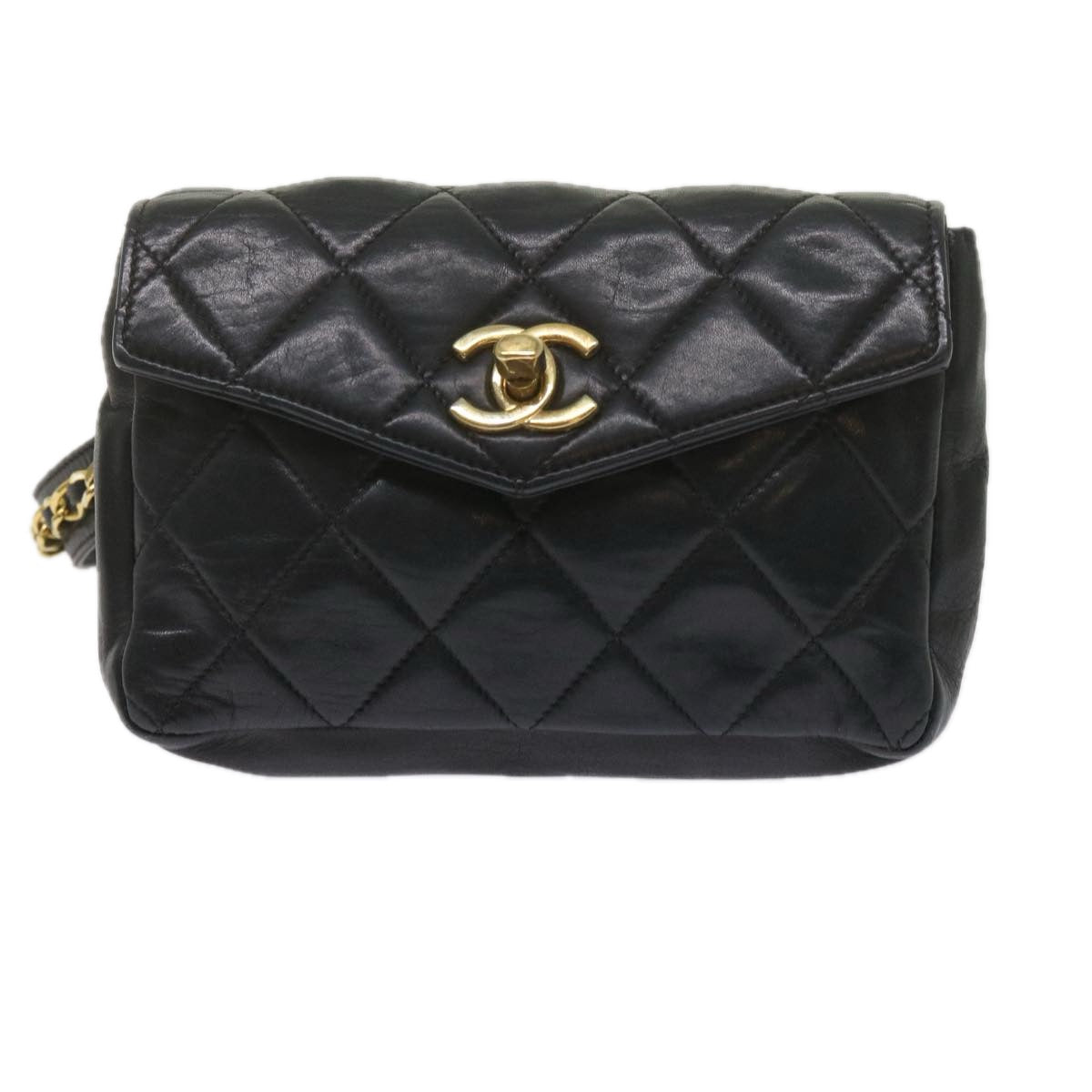 CHANEL Matelasse Turn Lock Chain Waist bag Lamb Skin Black CC Auth ar11054