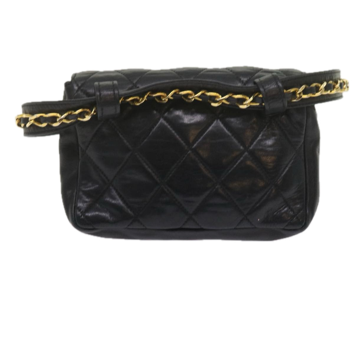 CHANEL Matelasse Turn Lock Chain Waist bag Lamb Skin Black CC Auth ar11054