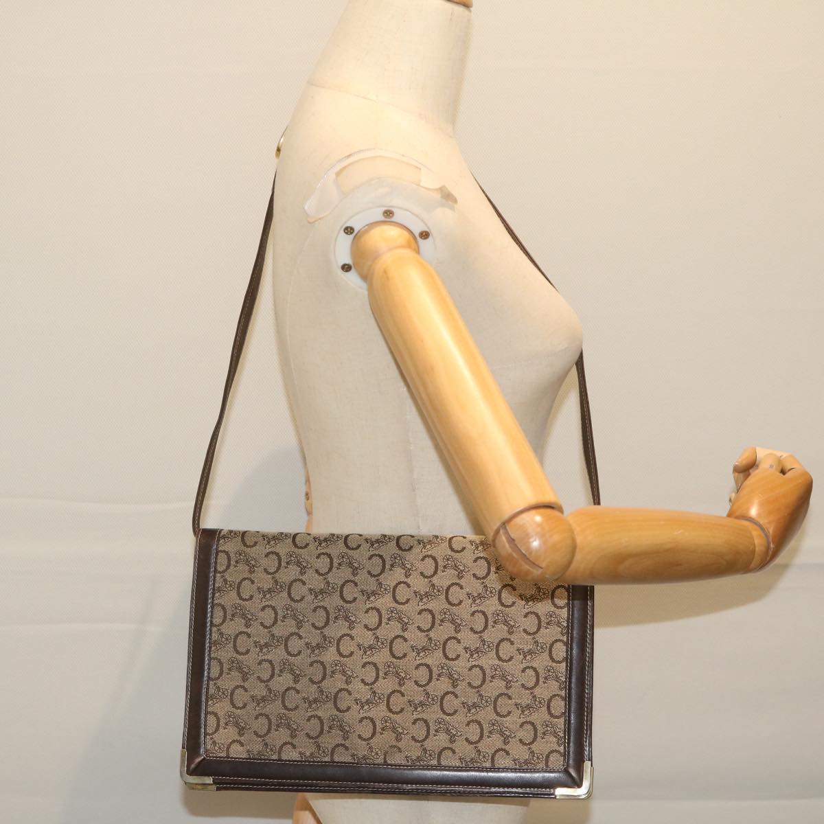 CELINE C Macadam Canvas Shoulder Bag Beige Auth ar11080