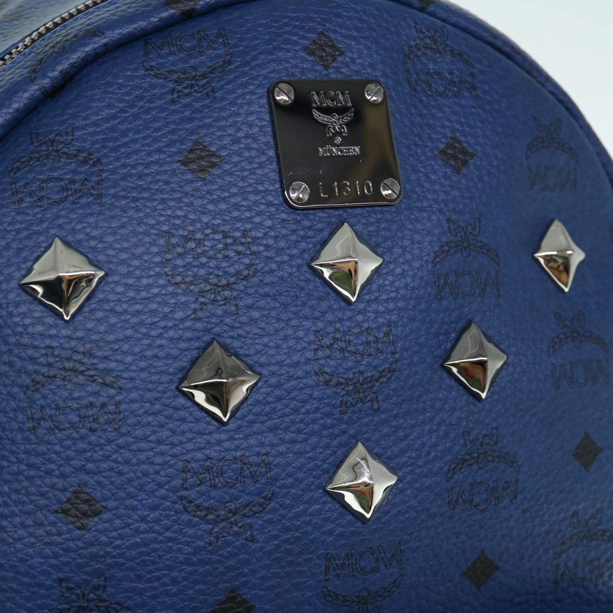 MCM Vicetos studs Logogram Backpack PVC Leather Blue Auth ar11090