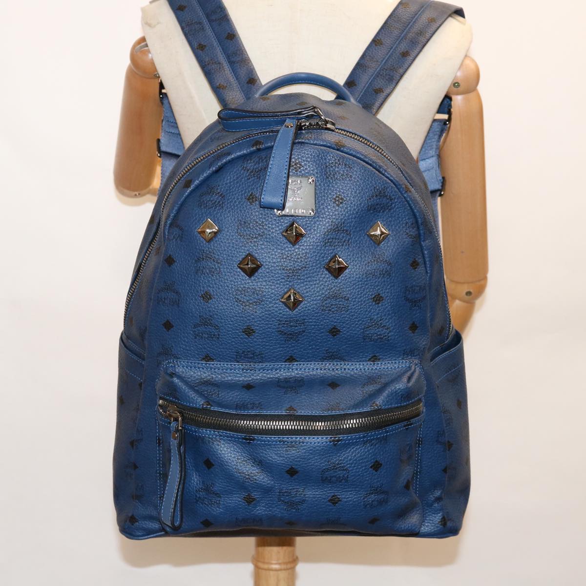 MCM Vicetos studs Logogram Backpack PVC Leather Blue Auth ar11090