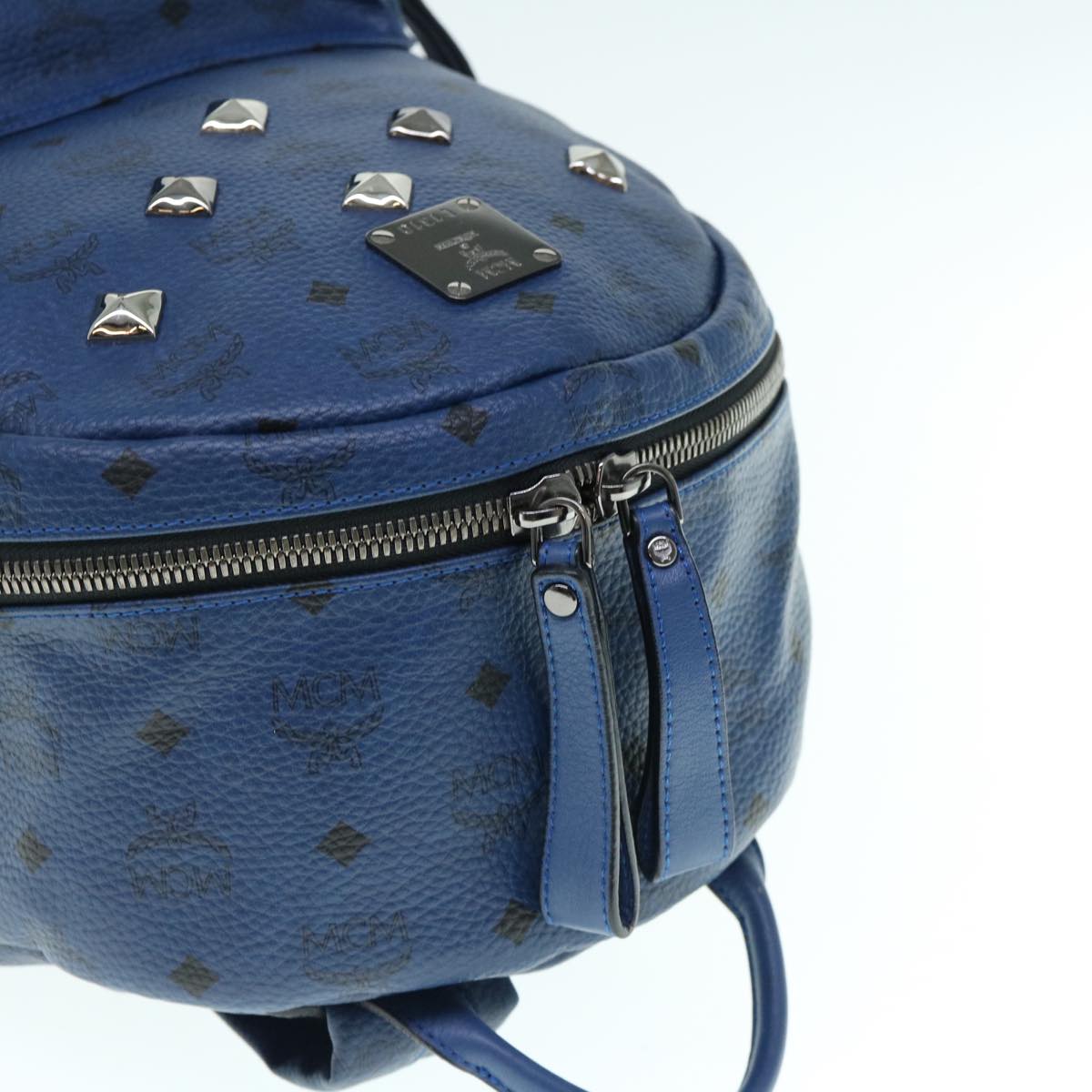 MCM Vicetos studs Logogram Backpack PVC Leather Blue Auth ar11090