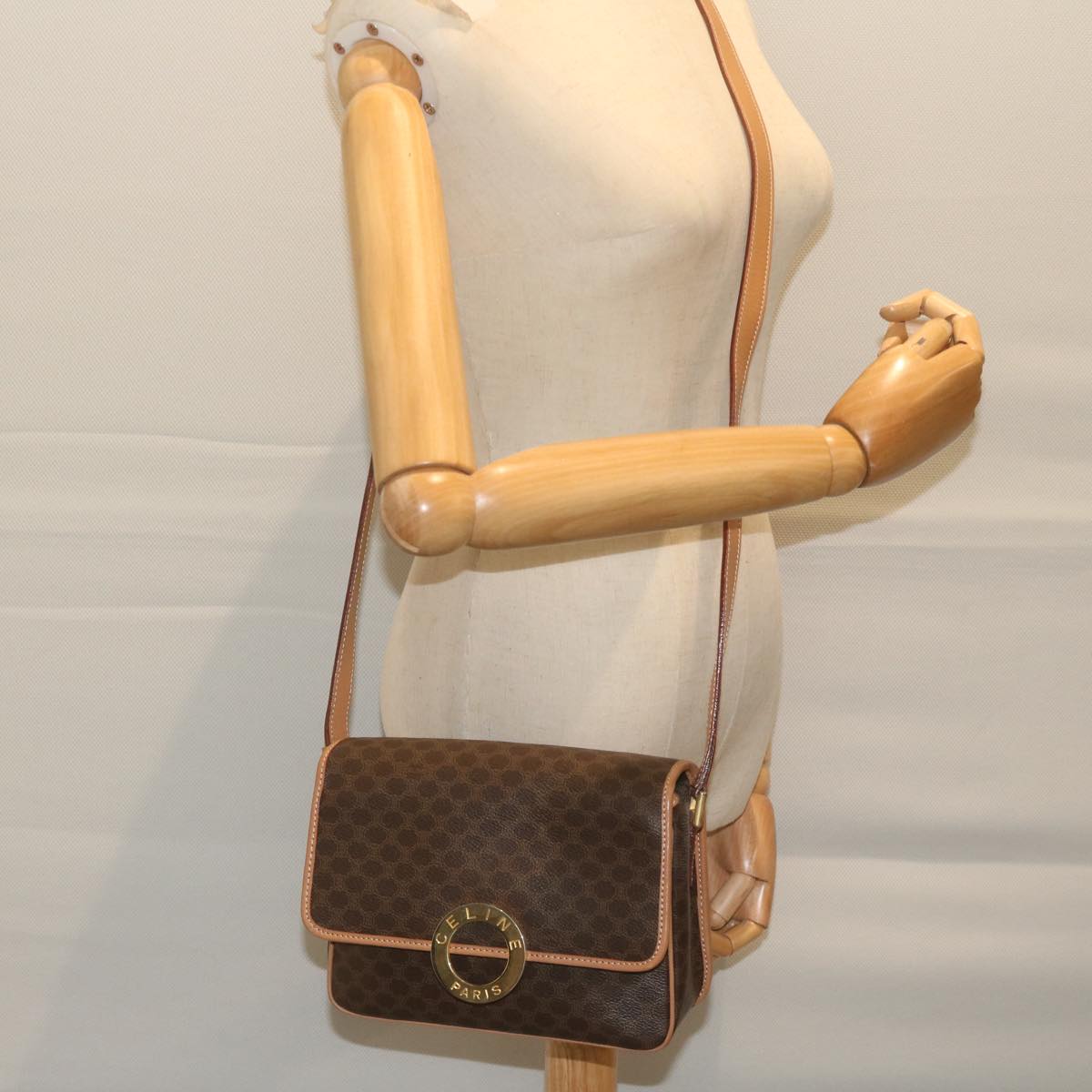CELINE Macadam Canvas Shoulder Bag PVC Leather Brown Auth ar11188B