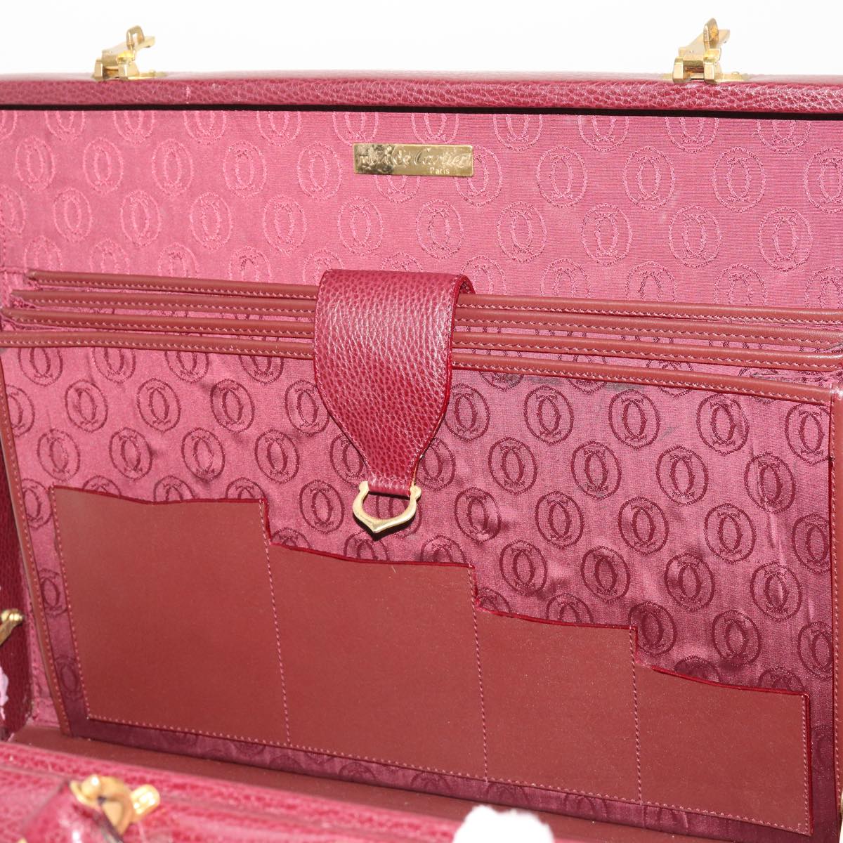 CARTIER Attache Case Trunk Leather Wine Red Auth ar11249