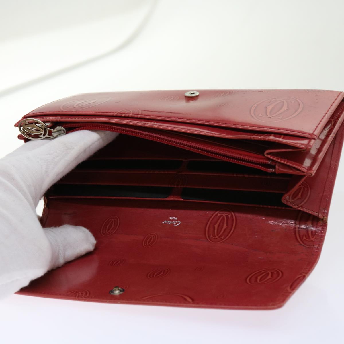 CARTIER Wallet Leather 7Set Wine Red Pink Auth ar11261