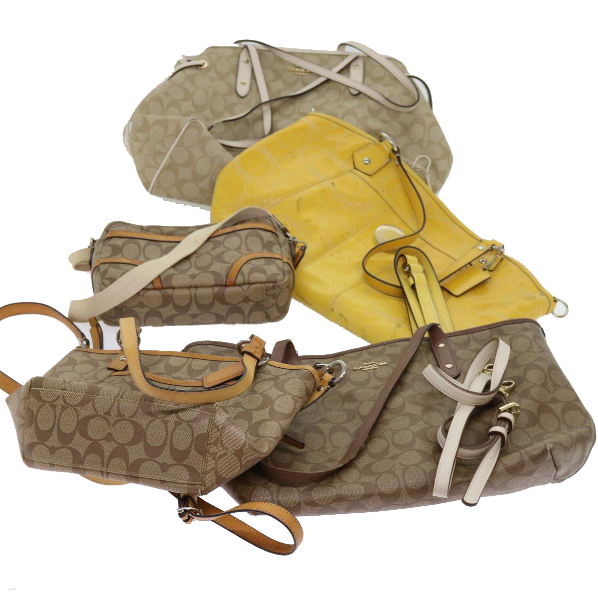 Coach Signature Shoulder Bag PVC Leather 5Set Yellow Beige Auth ar11281