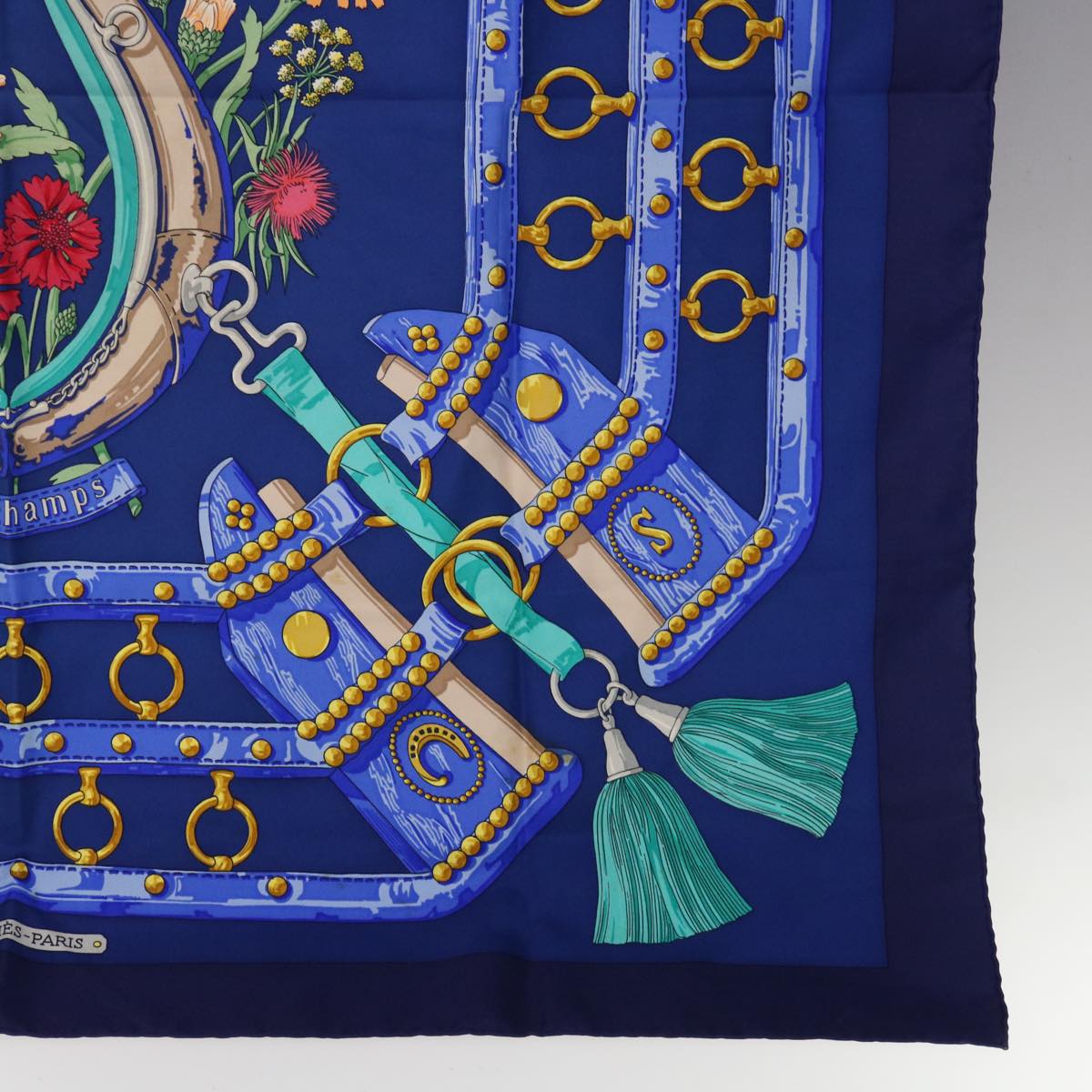 HERMES Carre 90 aux champs Scarf Silk Blue Auth ar11347