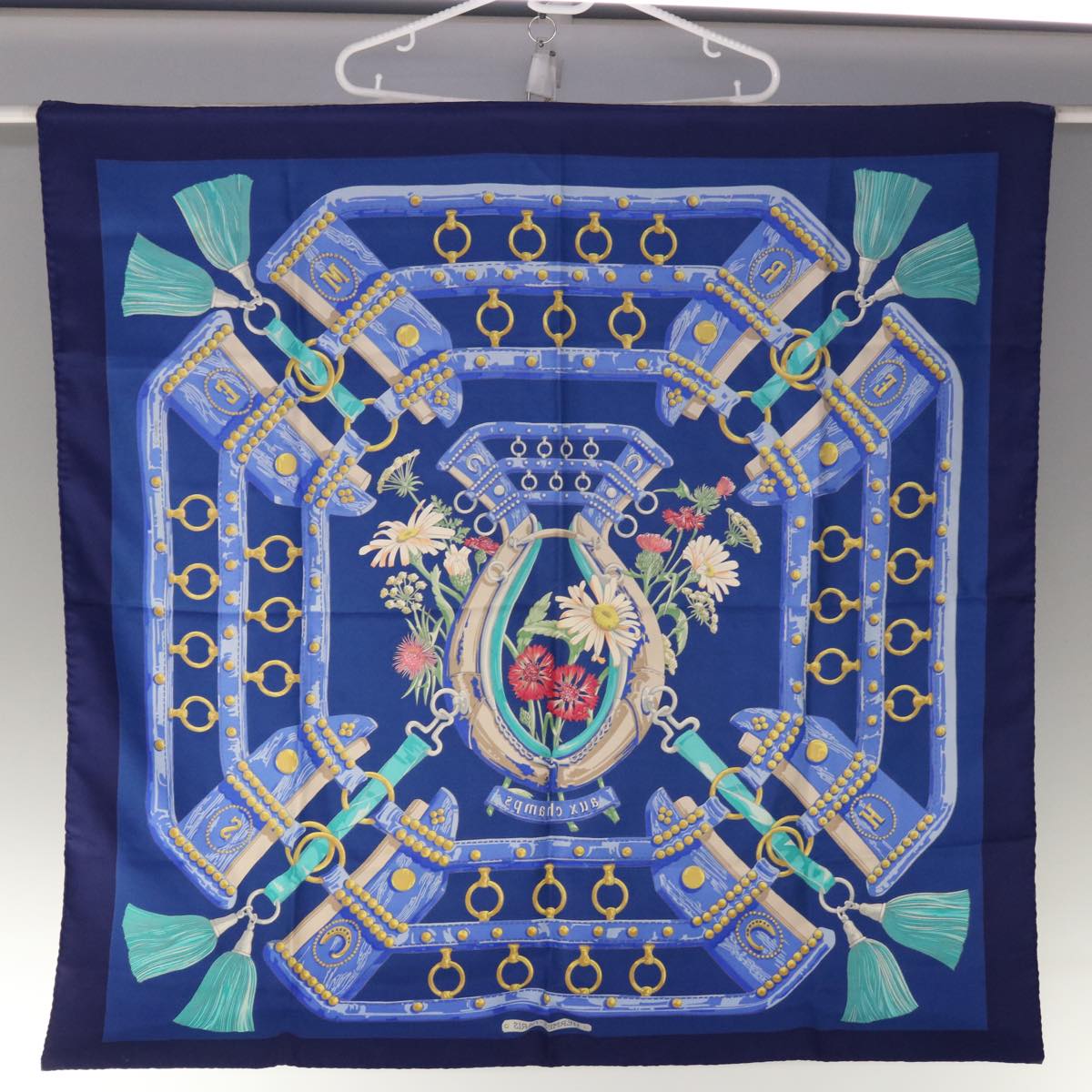 HERMES Carre 90 aux champs Scarf Silk Blue Auth ar11347