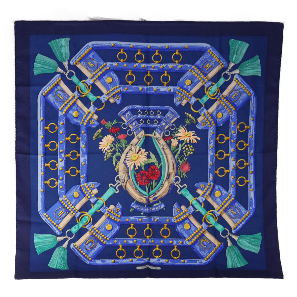 HERMES Carre 90 aux champs Scarf Silk Blue Auth ar11347