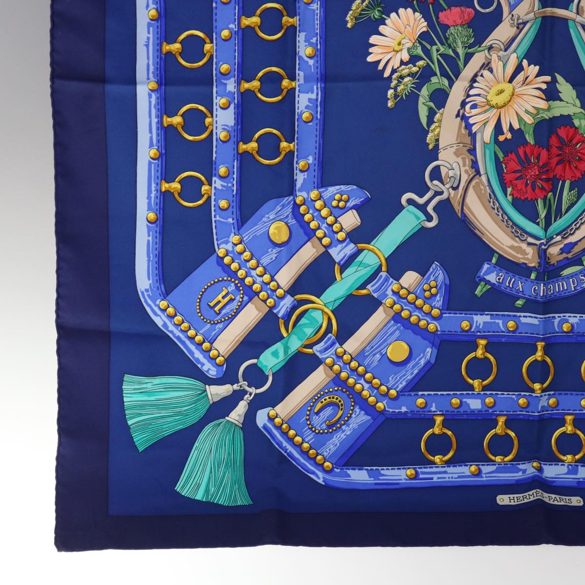 HERMES Carre 90 aux champs Scarf Silk Blue Auth ar11347