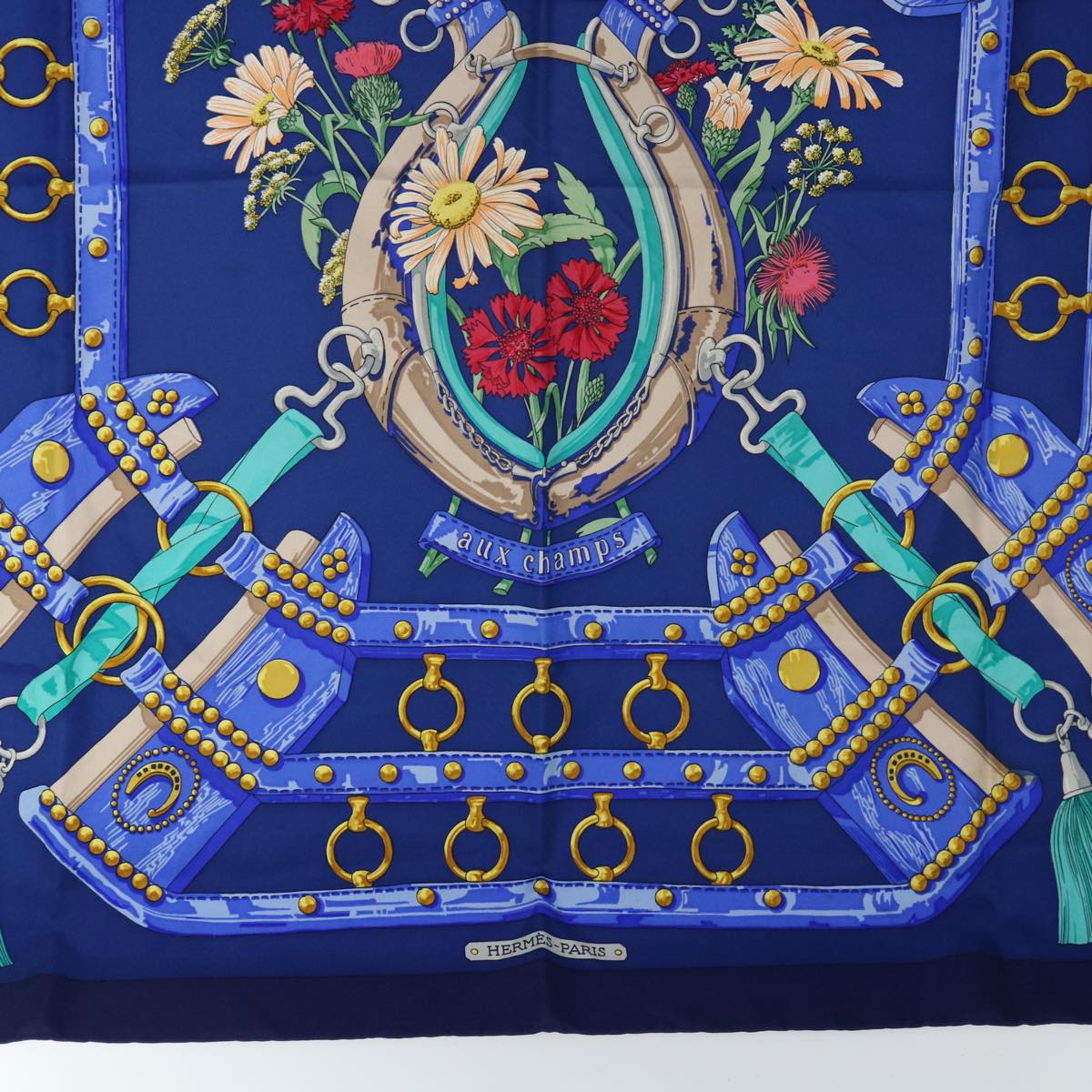 HERMES Carre 90 aux champs Scarf Silk Blue Auth ar11347