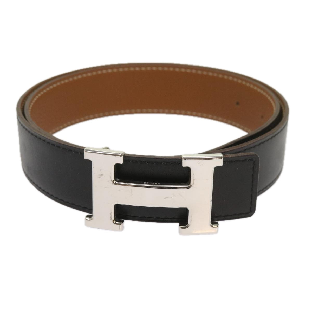 HERMES Constance Belt Leather 28.7""-31.5"" Black Silver Auth ar11438