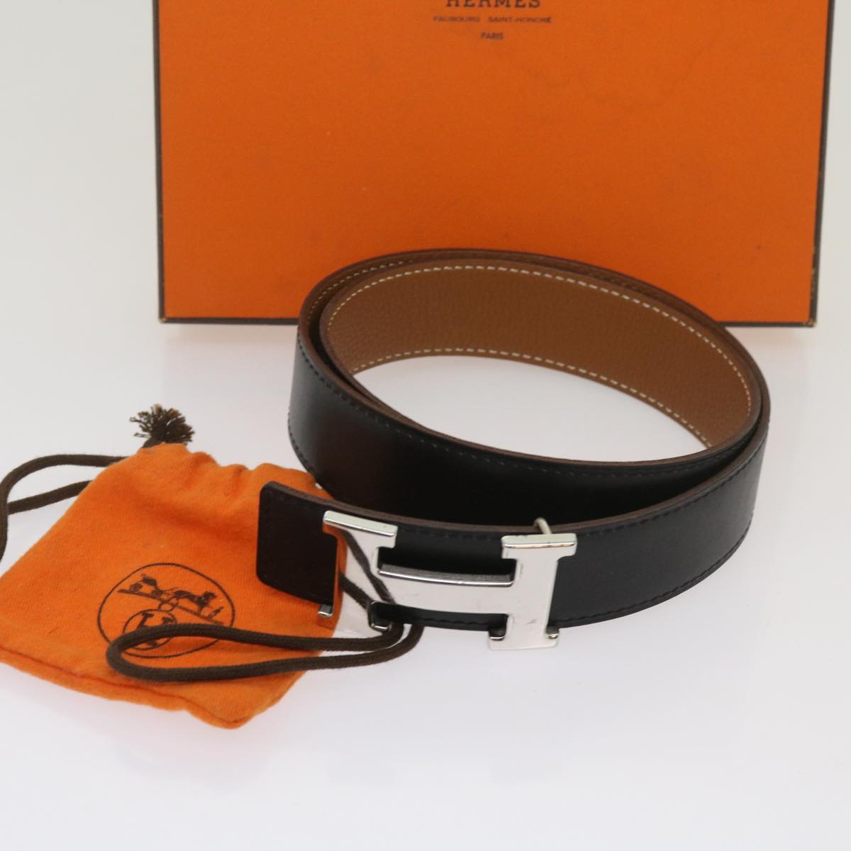 HERMES Constance Belt Leather 28.7""-31.5"" Black Silver Auth ar11438