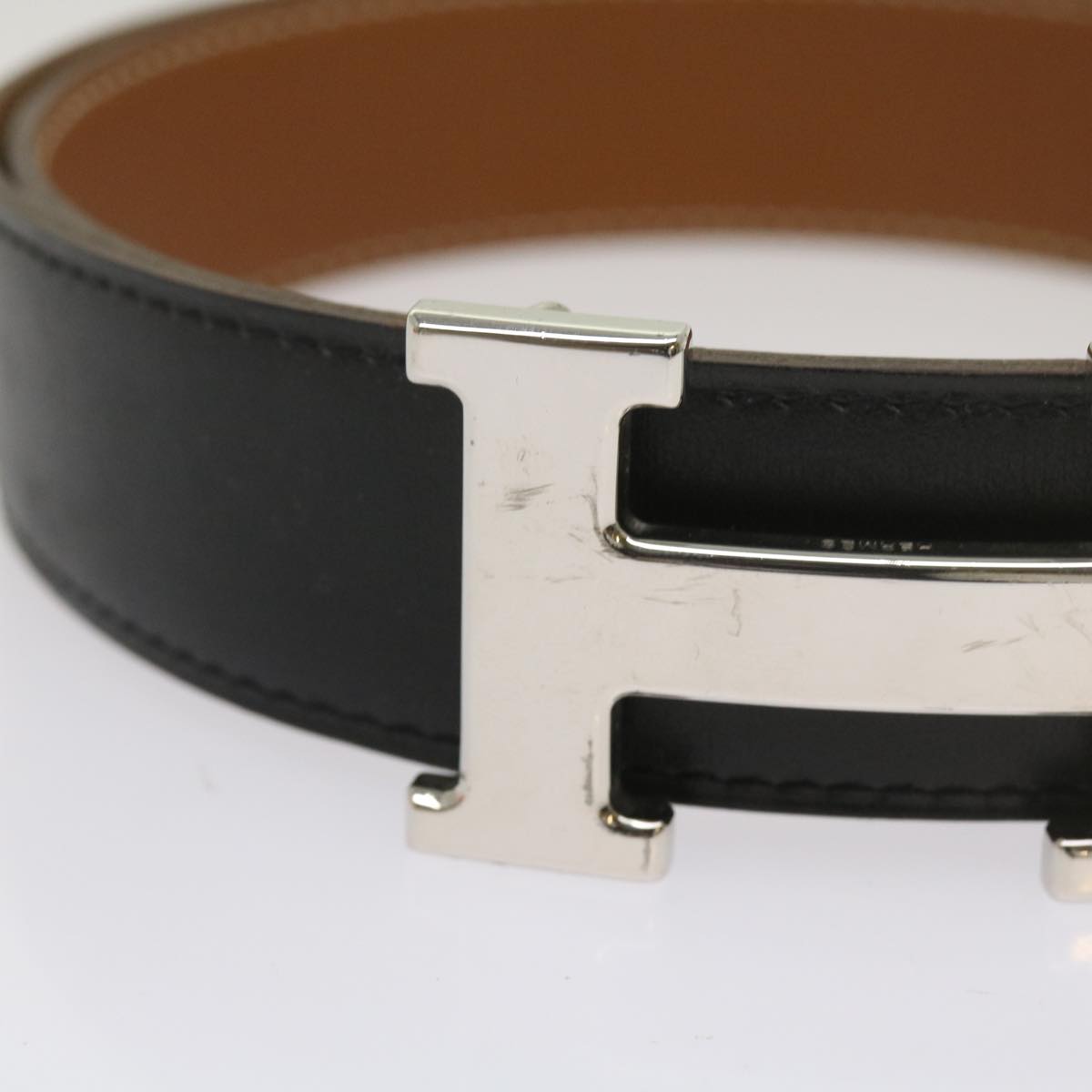 HERMES Constance Belt Leather 28.7""-31.5"" Black Silver Auth ar11438