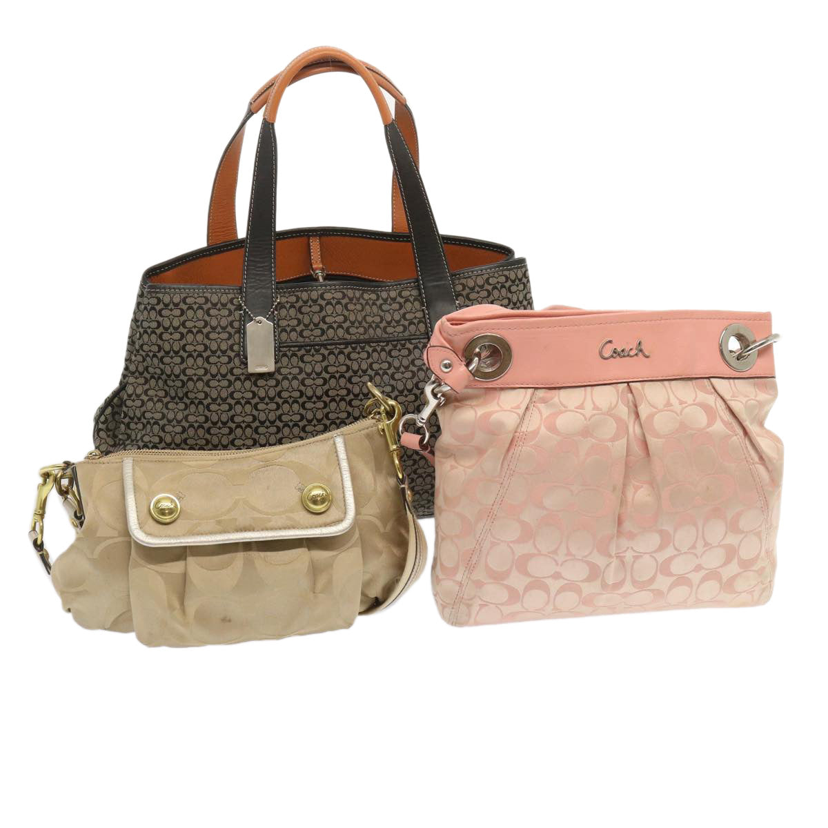 Coach Signature Shoulder Bag Canvas 3Set Beige Black pink Auth ar11443