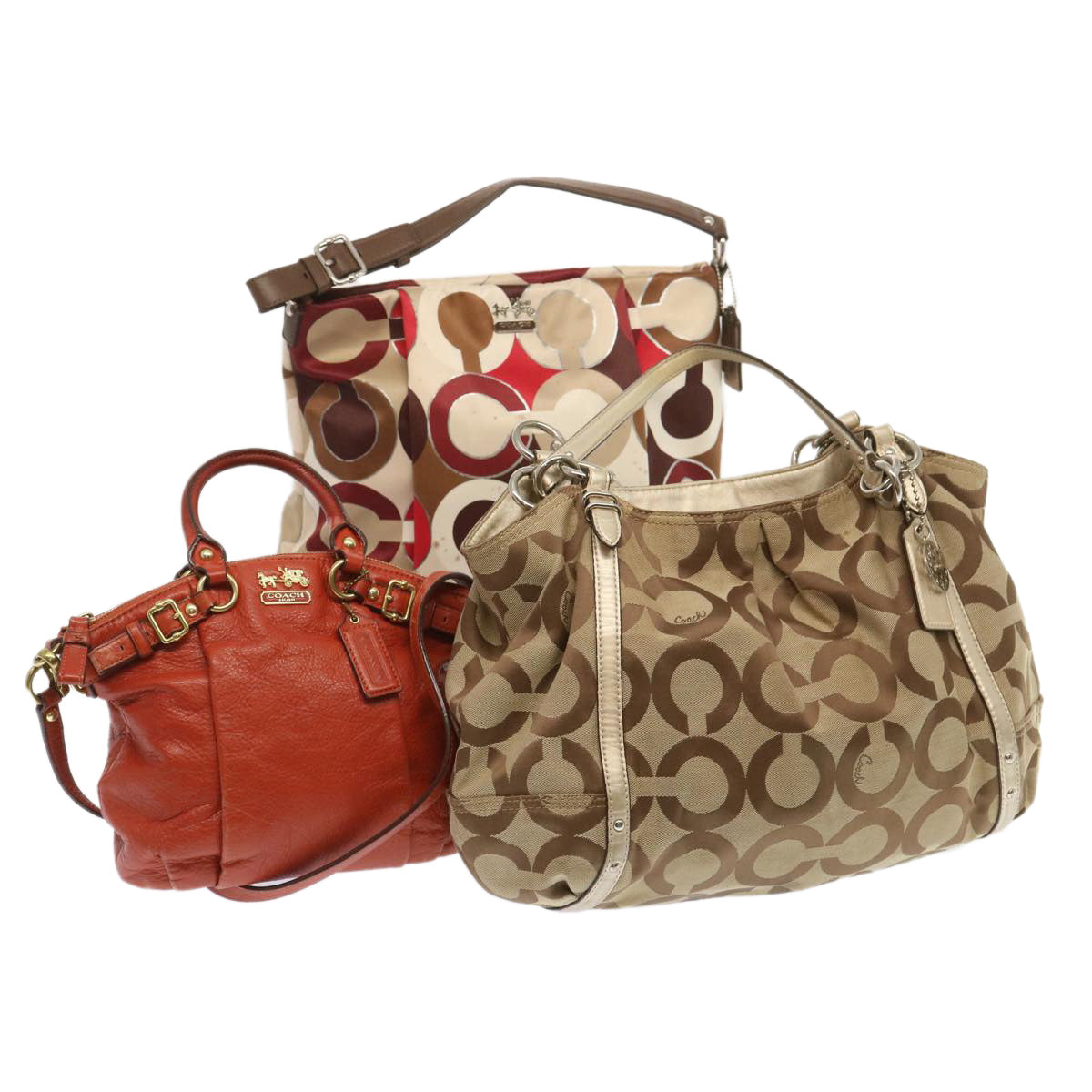 Coach Signature Shoulder Bag Canvas 3Set Beige Red white Auth ar11444