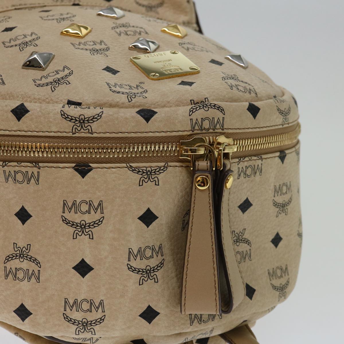 MCM Vicetos Logogram Backpack PVC Leather Beige Auth ar11539