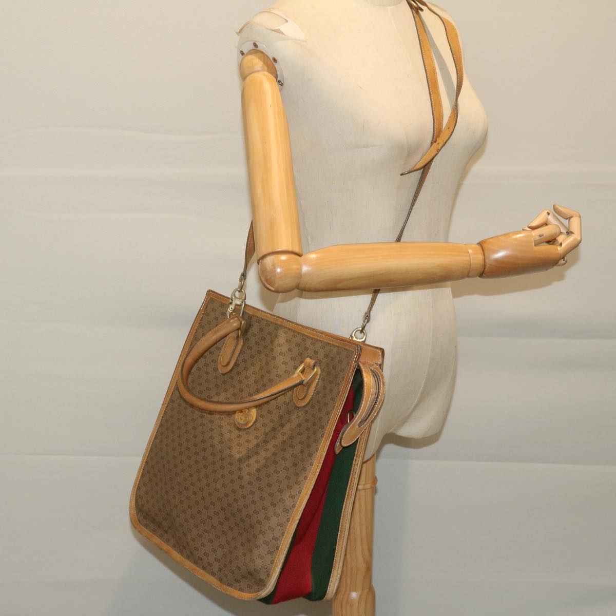 GUCCI Micro GG Supreme Web Sherry Line Hand Bag PVC Leather Beige Auth ar11547