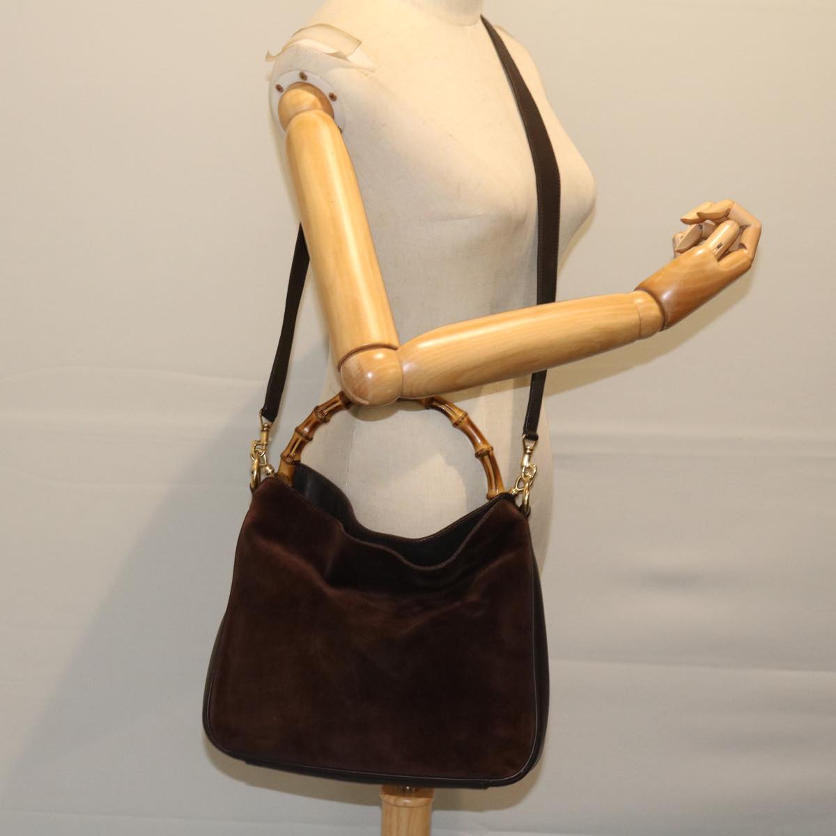 GUCCI Bamboo Hand Bag Suede 2way Brown 001 1705 1638 Auth ar11553