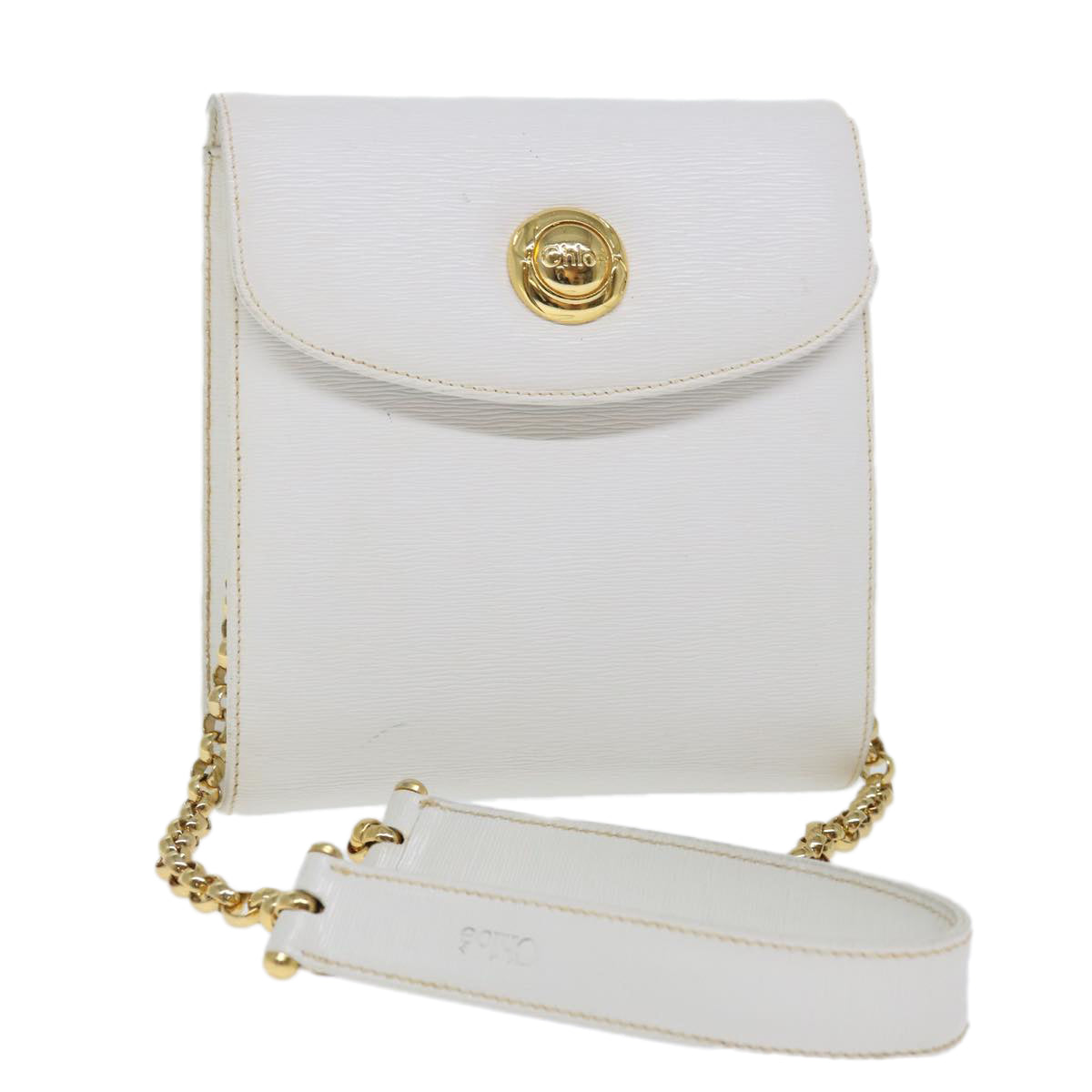 Chloe Chain Shoulder Bag Leather Vintage White Auth ar11719