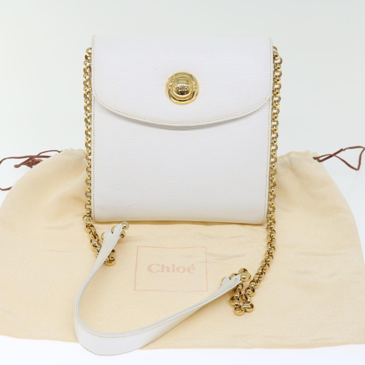 Chloe Chain Shoulder Bag Leather Vintage White Auth ar11719