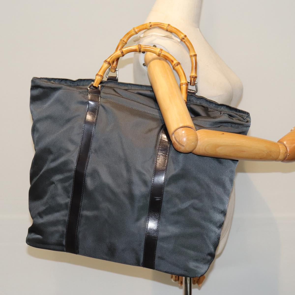 GUCCI Bamboo Hand Bag Nylon Gray 002 2854 0412 5 Auth ar11843