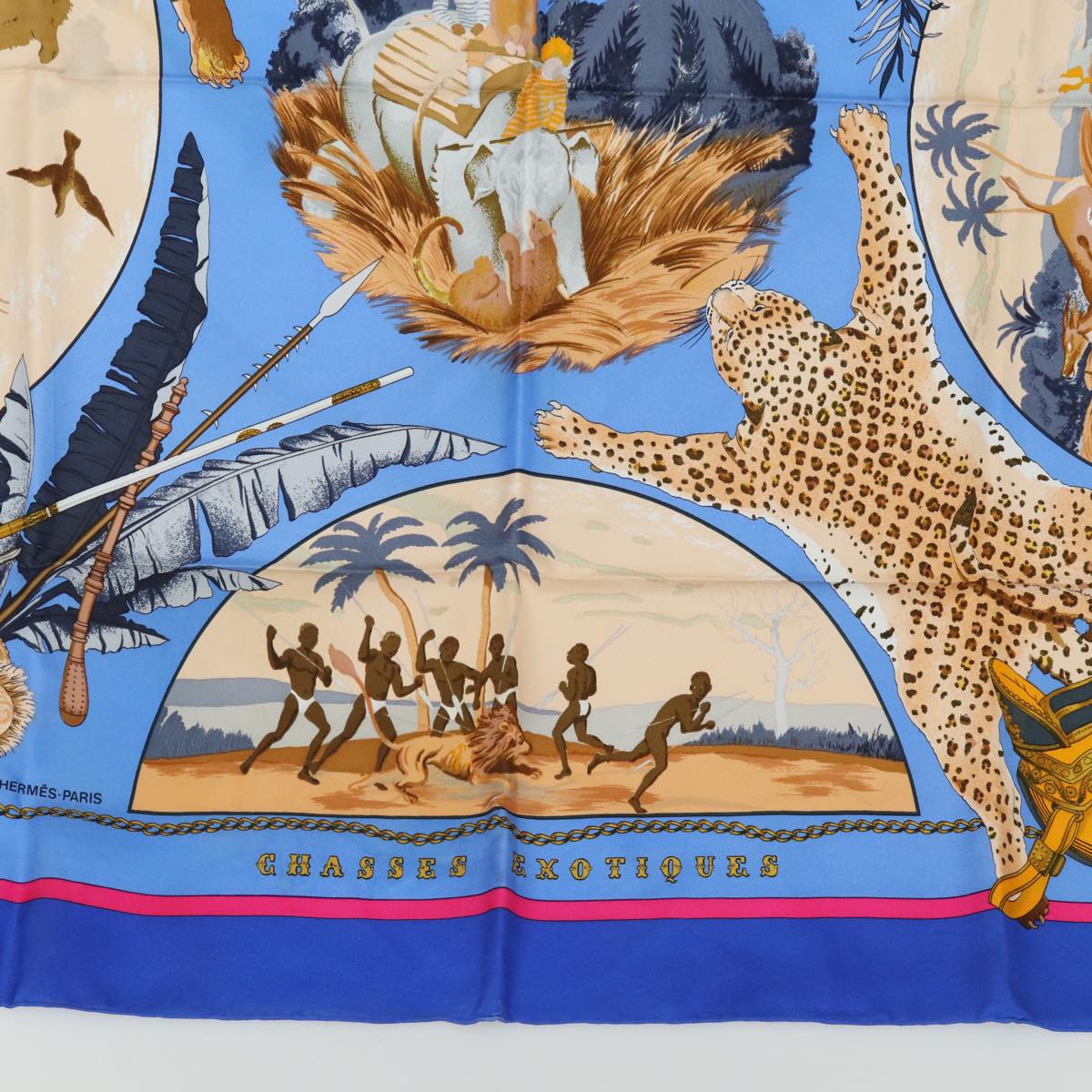 HERMES Carre 90 Scarf CHASSES EXOTIQUES Silk Blue Auth ar11972