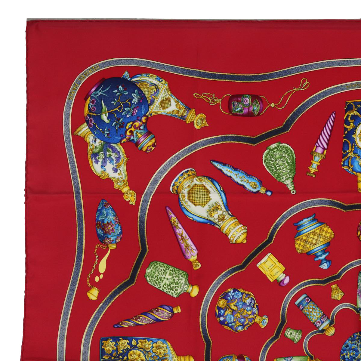 HERMES Carre 90 Scarf qu importe le flacon perfume bottle Silk Red Auth ar11973