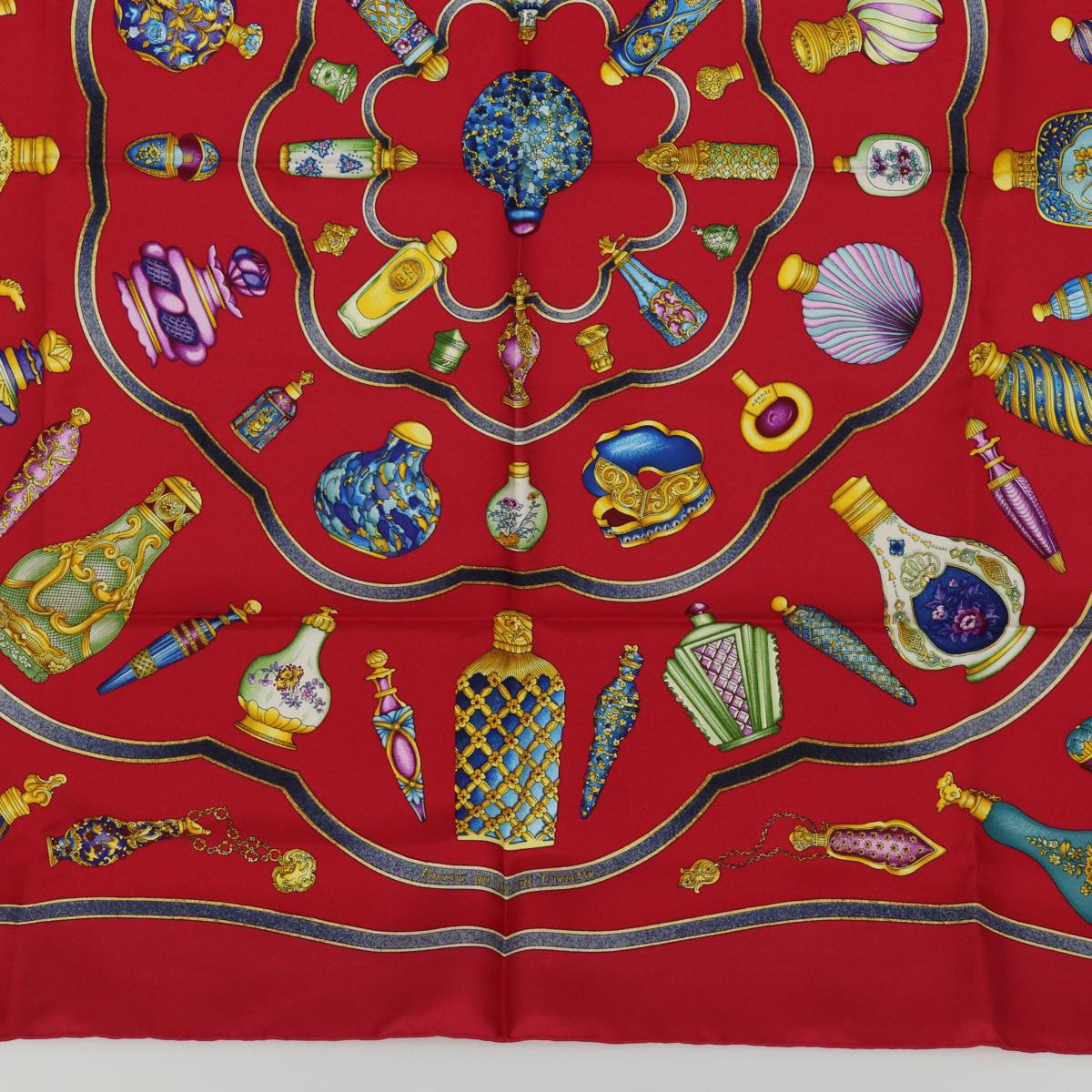 HERMES Carre 90 Scarf qu importe le flacon perfume bottle Silk Red Auth ar11973