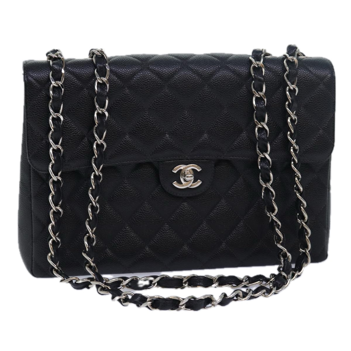 CHANEL Matelasse30 Turn Lock Chain Shoulder Bag Calf Skin Black CC Auth ar11992AV
