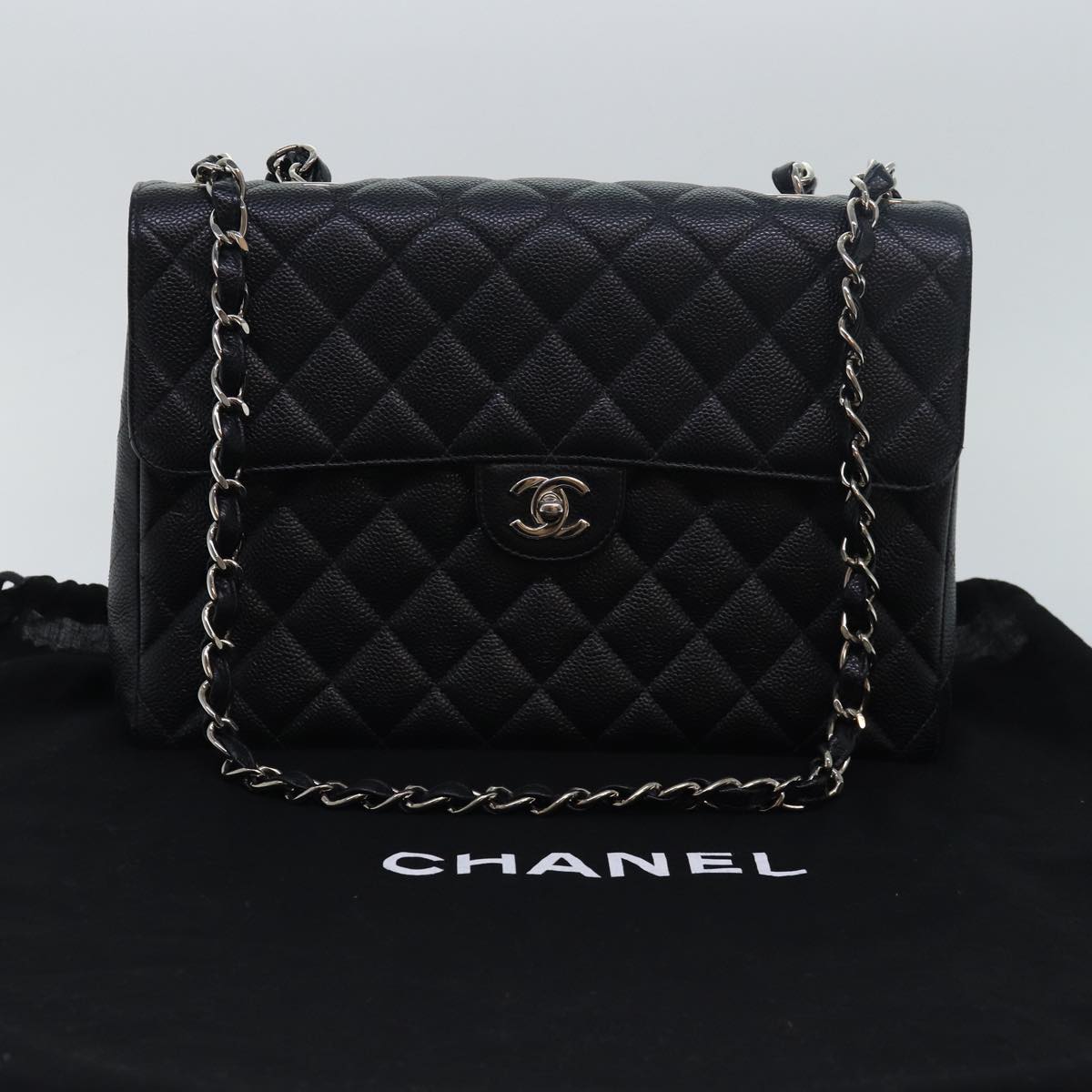 CHANEL Matelasse30 Turn Lock Chain Shoulder Bag Calf Skin Black CC Auth ar11992AV