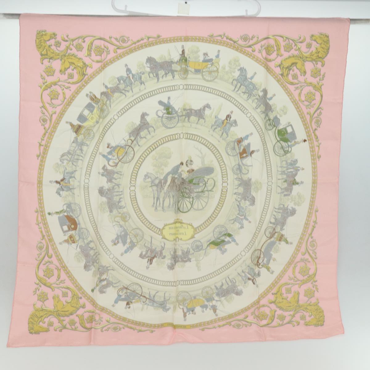 HERMES Carre 90 Scarf LA PROMENADE DE LONGCHAMPS Silk Pink Auth ar12068