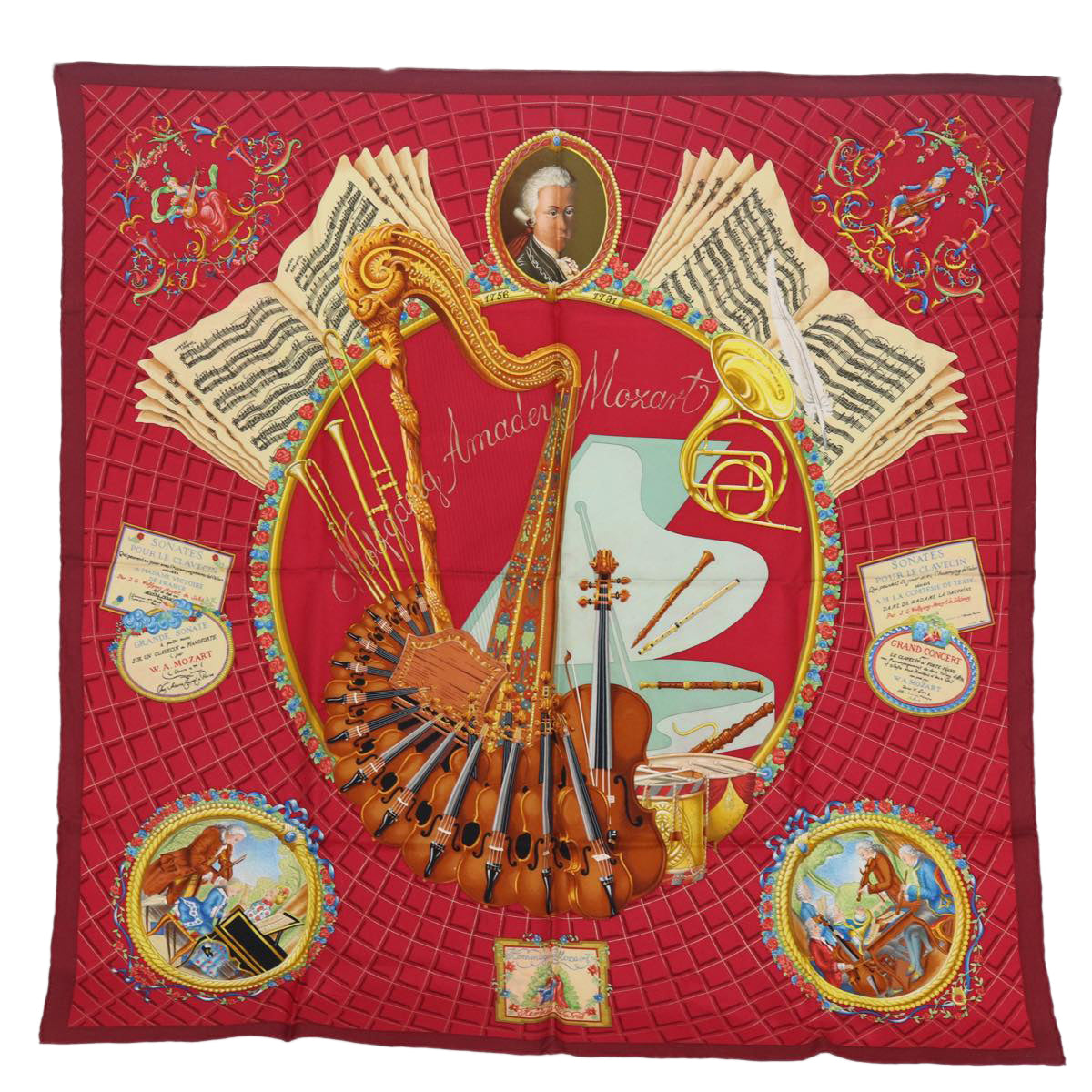 HERMES Carre 90 Scarf Hymn to Mozart Silk Red Auth ar12070