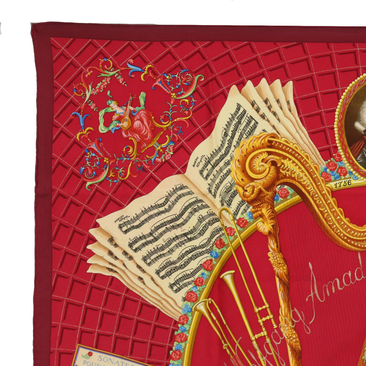 HERMES Carre 90 Scarf Hymn to Mozart Silk Red Auth ar12070