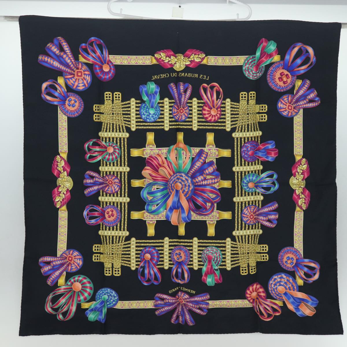 HERMES Carre 90 Scarf Horse ribbon Silk Black Auth ar12073