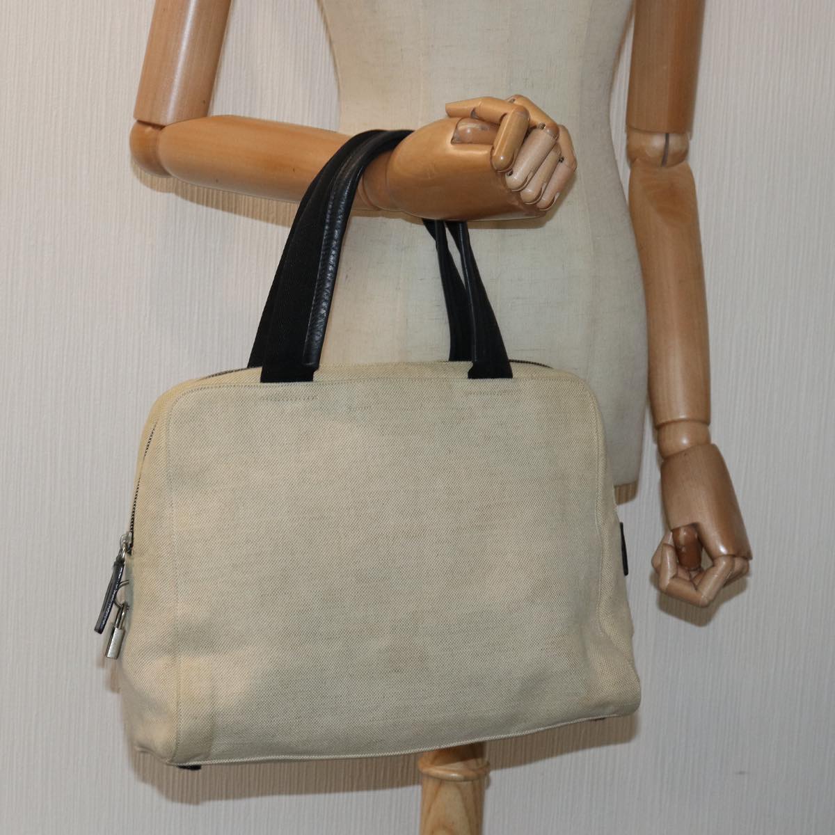 PRADA Hand Bag Canvas Beige Auth ar12140