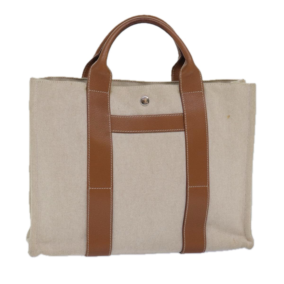 HERMES Sac Arne MM Hand Bag Canvas Leather Beige Auth ar12290